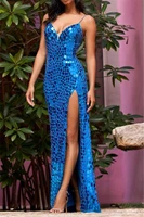modern spaghetti strap sequined prom dress sexy thigh high slits v neck evening dress floor length party dress