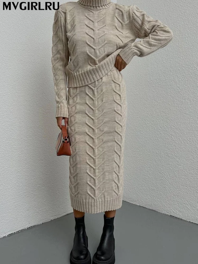 

Женский вязаный костюм MVGIRLRU, свитер с высоким воротом и лацканами и вязаная юбка с поясом на резинке, комплект из 2 предметов