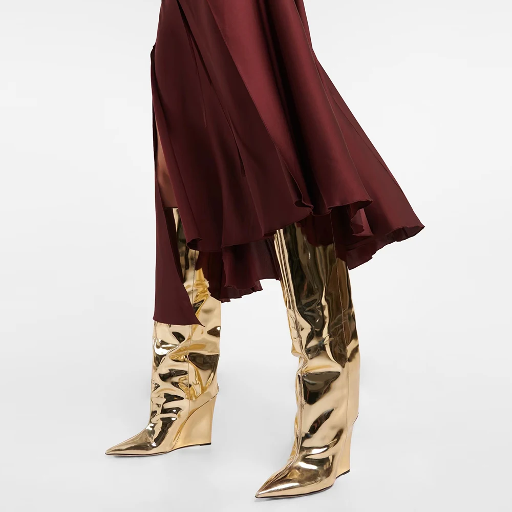 Autumn Winter Women Tall Boots Pointed Toe Wedges Slip On Sexy Patent Leather Fashion Clubwear Knee High Boots