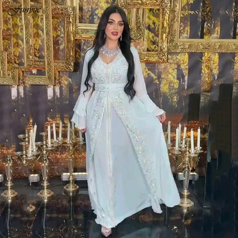 

Ivory Chiffon Moroccan Caftan Evening Dress Beads Lace Long Sleeve Arabic Prom Gowns Muslim Party Dress Plus Size