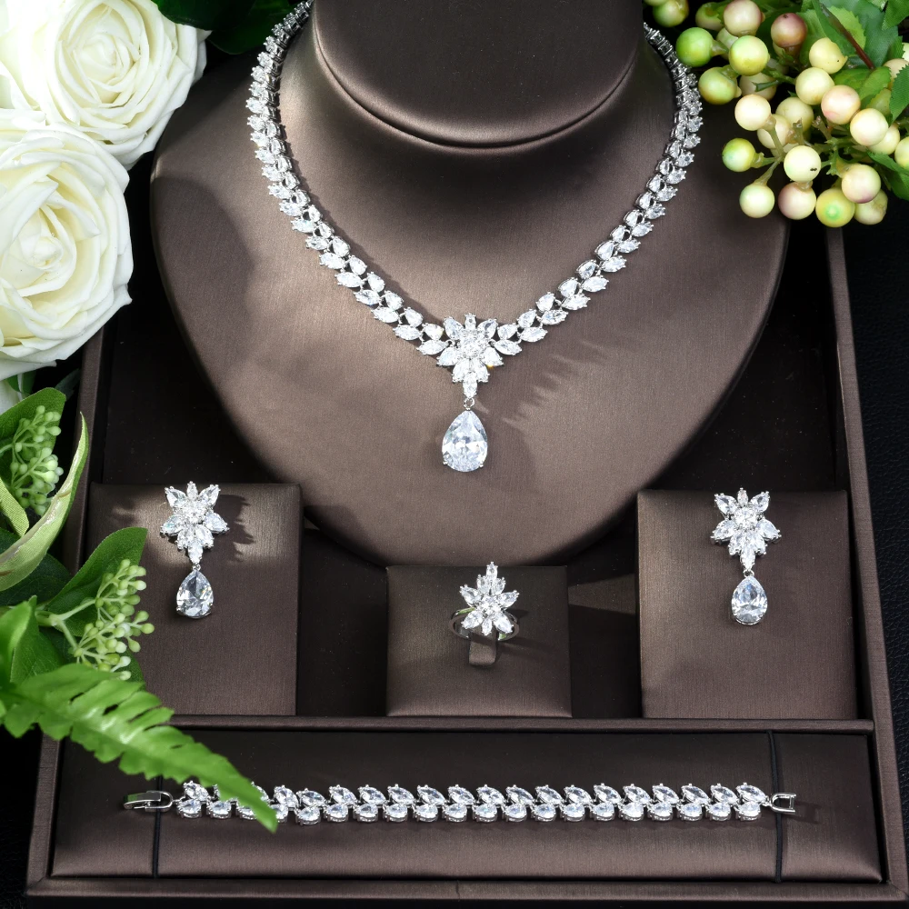 

Fashion Women Jewels Elegant Shape Bridal CZ necklace earrings bracelet ring 4pcs Big Wedding Jewelry Sets For Bride N-203