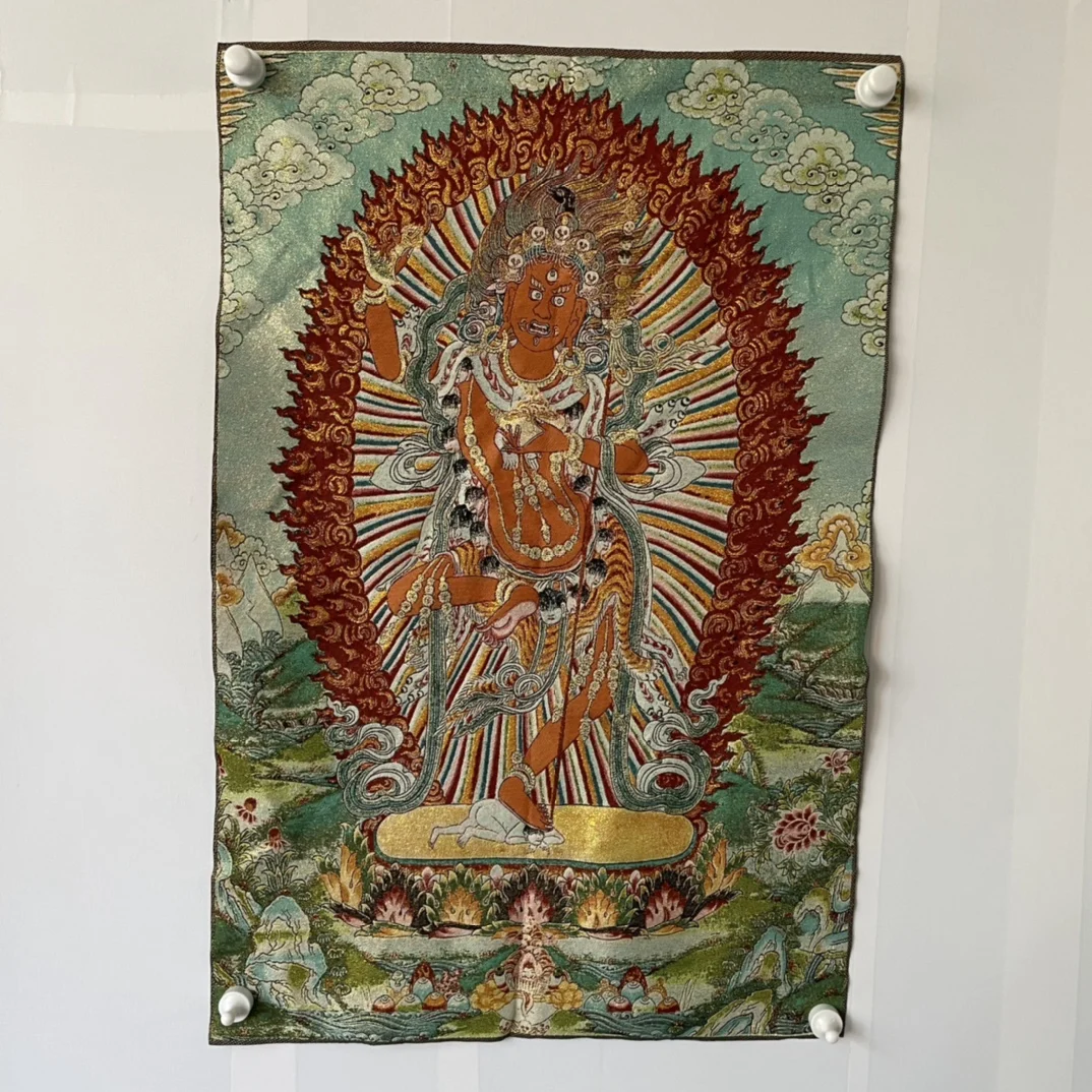 

Tibetan Buddhism Guanyin Tara Gold Red Background Embroidery Painting Home Decoration Mural