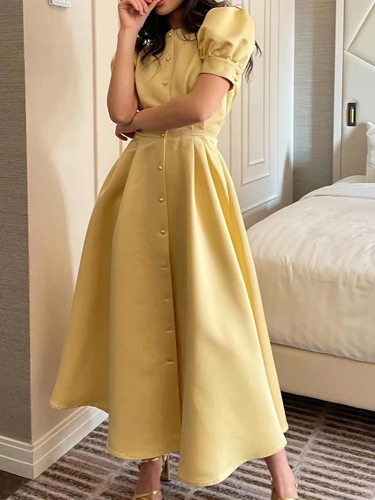 

Women Elegant Long Dresses Summer Fashion Puff Sleeve O Neck Slit Dresses Chic Slim High Waist Large Swing A Line Dress Vestidos