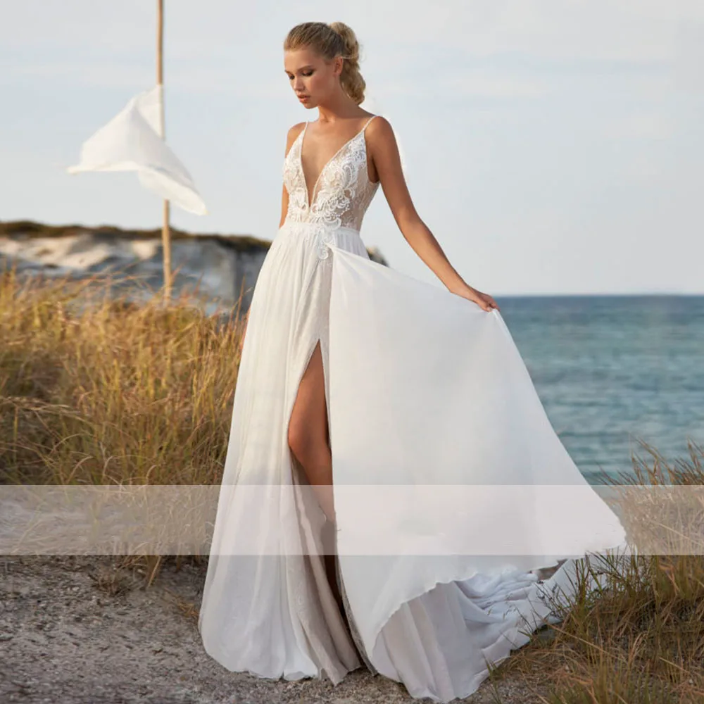 

Boho V-Neck High Slit Wedding Dress Spaghetti Strap Sleeveless Open Back Beach Bridal Gown A-Line Sweep Length Vestidos De Novia