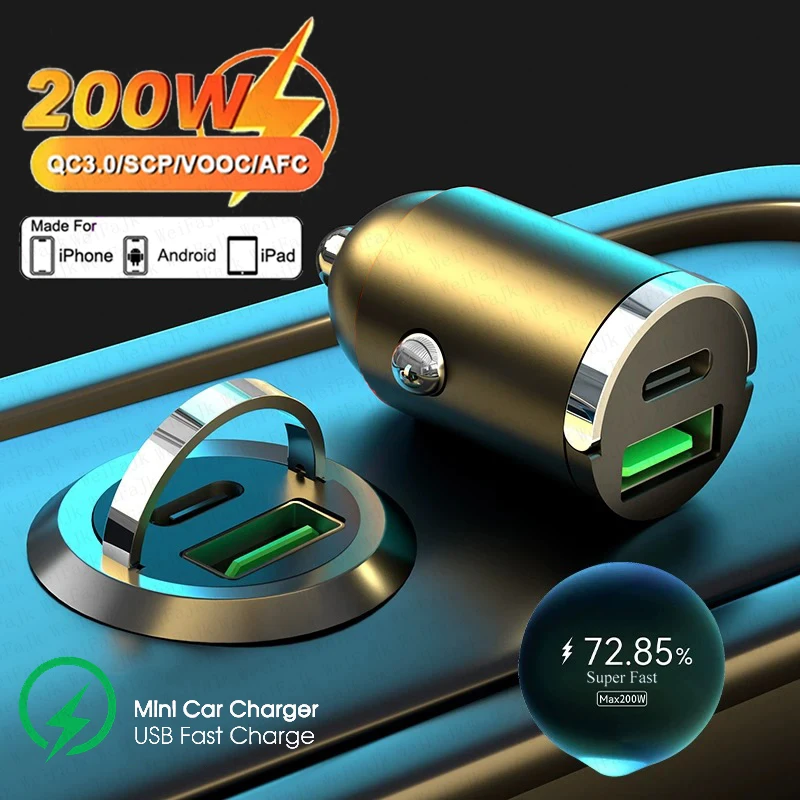 Фото Автомобильное зарядное устройство с двумя портами USB Type C, 200 Вт, зажигалка Quick Charge 4.0 3.0 для iPhone Xiaomi Huawei Samsung, зарядное устройство для телефона с быстрой зарядкой №1