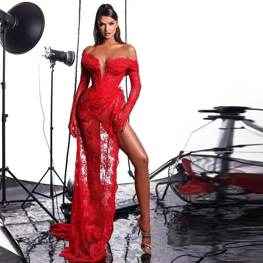 

Red Lace Appliques Mermaid Evening Dresses Long Sleeves High Side Split Off Shoulder Dubai Saudi Arabic Women Prom Gowns 2023