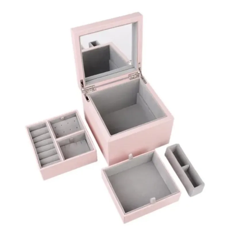 

Pink PAN 14.5x14.5x10.5cm S925 Silver Bracelet Jewelry Set Box Double High-Capacity Leather Case For Necklaces Earrings Ring