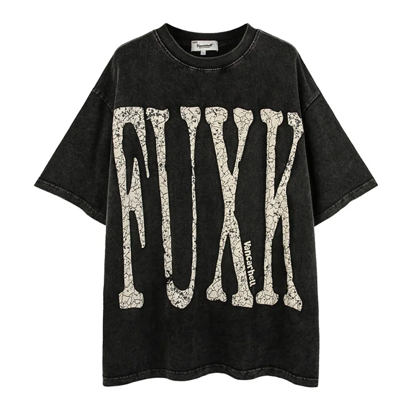 

Vintage High Street Washed Letter Printed T shirt Short Sleeve Tees Couple Summer Loose Tops