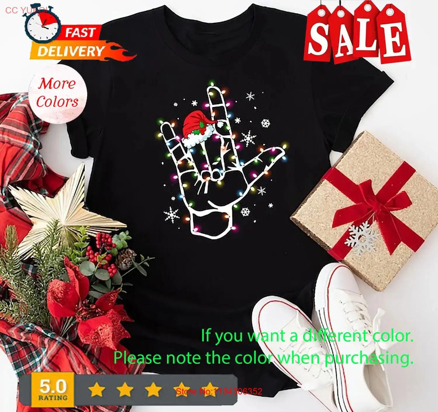 Sign Language Santa Hat T-Shirt ASL Lights Christmas Shirt Chris