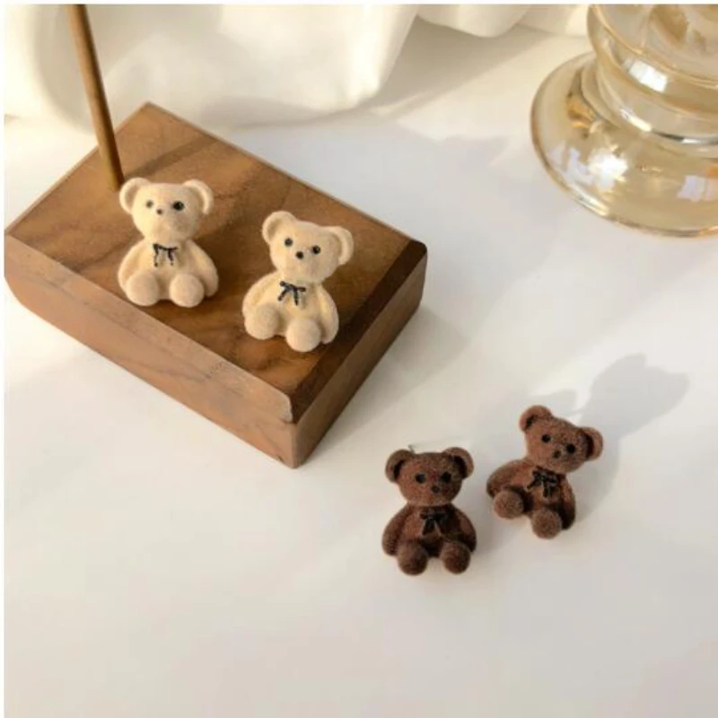 

2022 Cute Flocking Bear Stud Earrings for Women Vintage Cartoon Kawaii Bear Earrings Teens Girl Funny Gift Kid Trend Jewelry