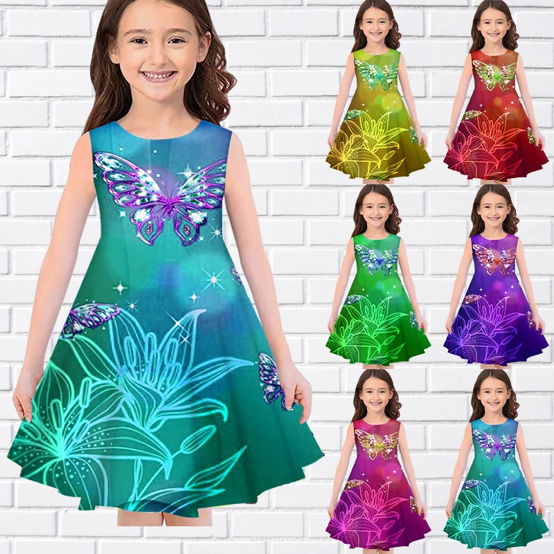 

Flower & Butterfly Printed Summer Sleeveless Girls Dress Casual O-Neck Long Dresses Fashion Girls Dresses For Eid Kids Clothing