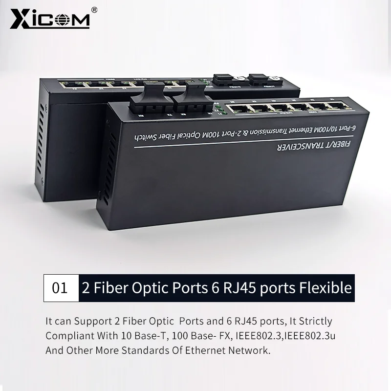 20KM 10/100M 2 Fiber Optic Ports 6 RJ45 Port Fiber Media Converter Single Mode SC Ethernet Fiber Media Converter Simplex/Duplex