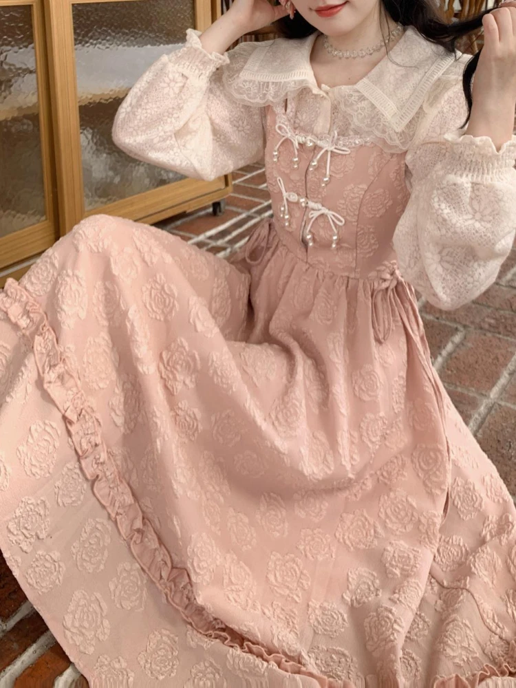 

Spaghetti Straps Winter Kawaii Dress Women Bow Floral Print Lolita Midi Dress Casual Korean Style Slim Sweet Pink Party Dresses