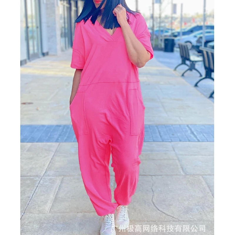 Women Jumpsuits Summer Solid Color Loose Pockets Stitching Jumpsuits Women's Sexy Short Sleeve V-neck Pullover Pencil Jumpsuits