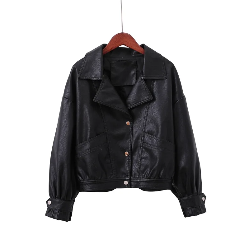 Lapel large pocket single breasted women's short loose version of fashion leather jacket Korean version of motorcycle suit coat