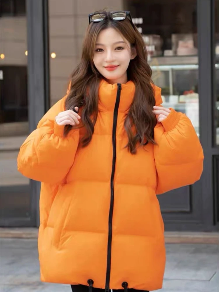 Свободный пуховик с капюшоном средней длины толстый 90 утиный пух теплая