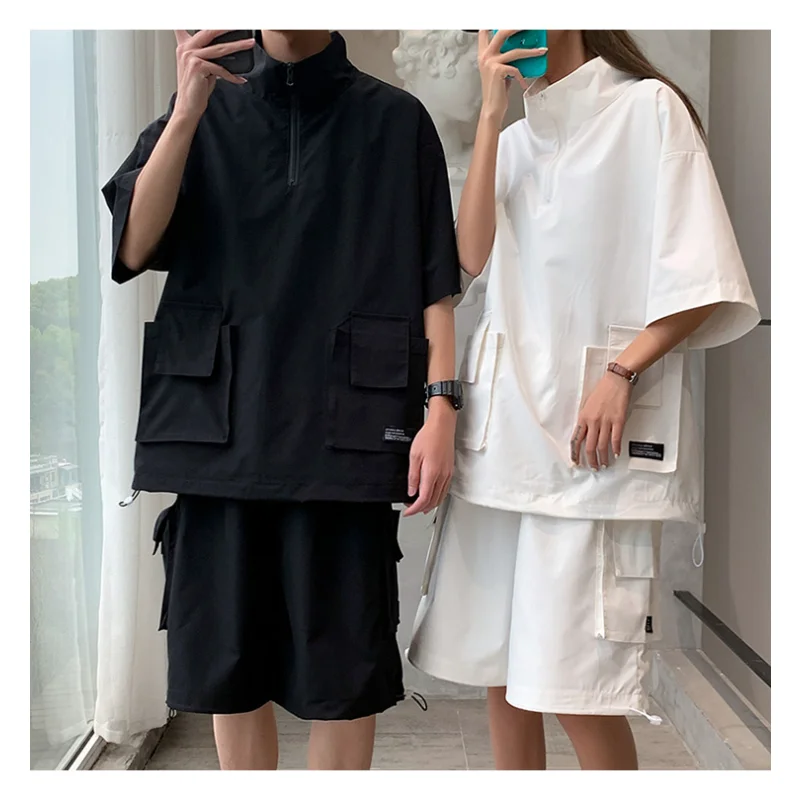 Cargo Pants Short Suit Male Summer Solid Color Loose Tshirts and Shorts 2 Piece Set Japanese Style Outdoor Casual Tracksuit Men