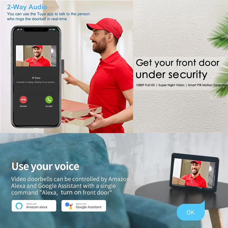 Tuya Smart 1080P IP Video Doorbell Security Visible Intercom HD B/W Night Vision With Alexa Google Wired Unlock Door Bell Camera enlarge