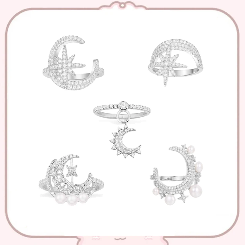 

Mopo S925 Sterling Silver Pearl Meteor Moon Crescent Shape Ring Women Simple Brilliant Shine Valentine's Day Gift Dating Jewelry