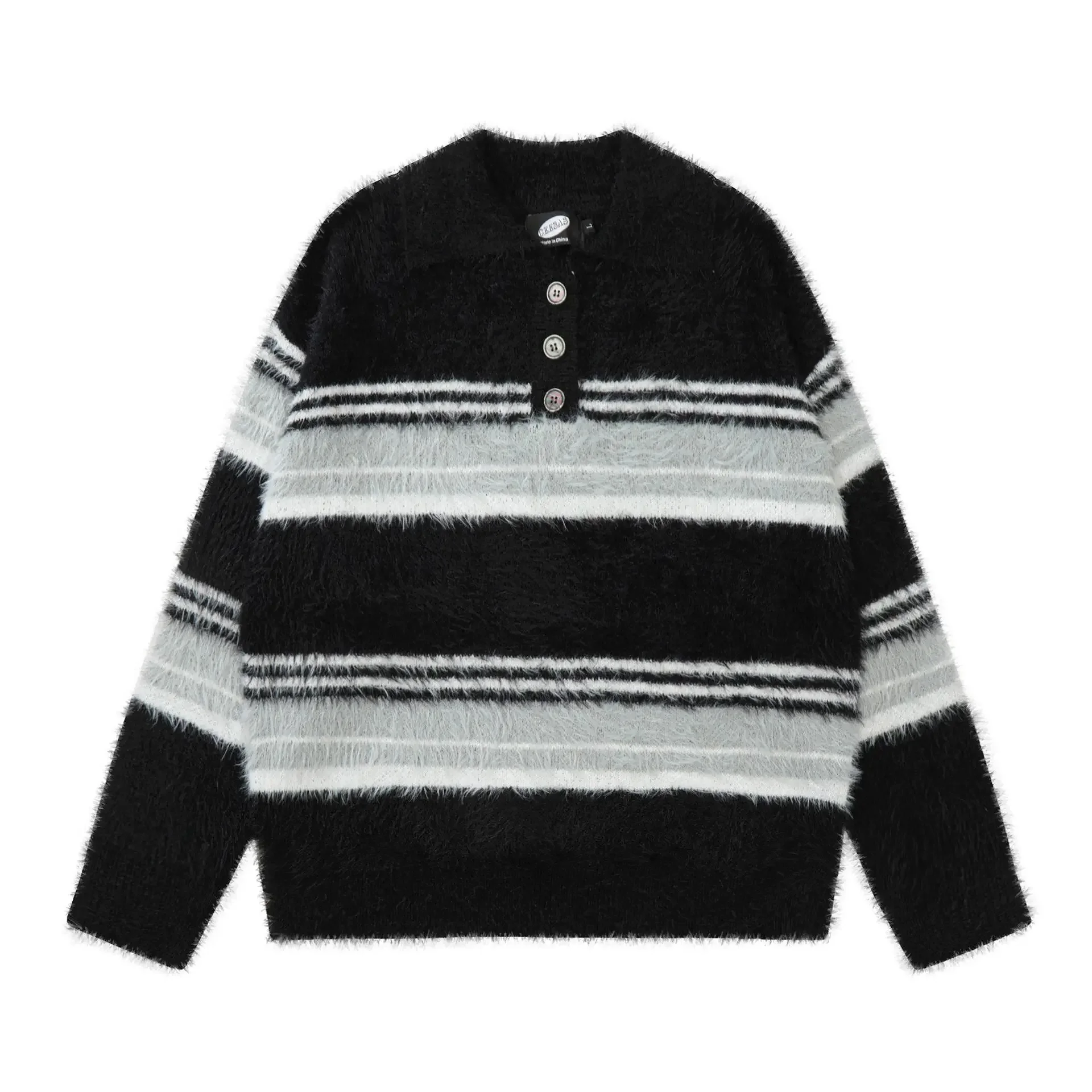 2024 Autumn New Trendy Brand Casual Angora Knitted Top Men Women Loose Fit Versatile Sweater Lapel Stripe Design Fashion