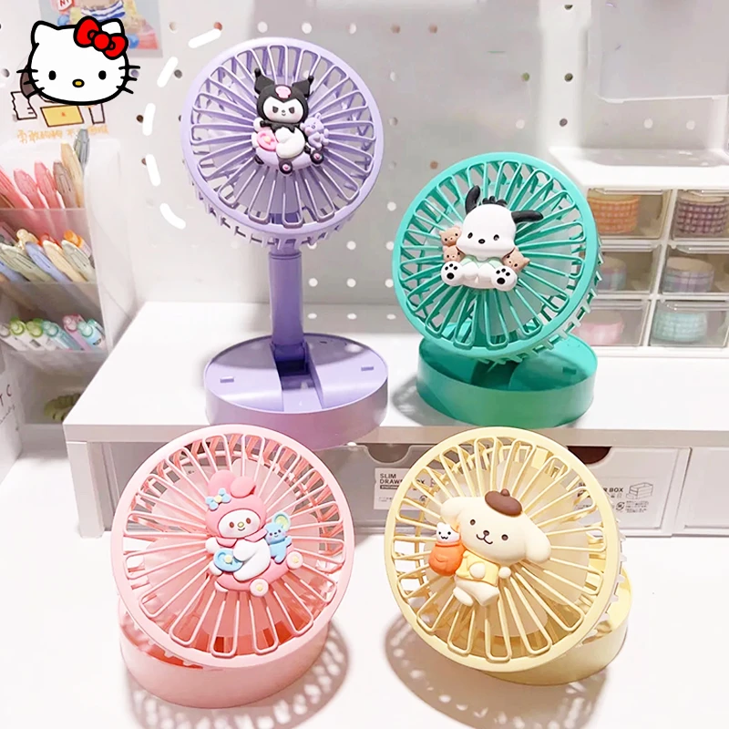 

Kawaii Sanrio Kuromi Fan My Melody Pom Pom Purin Cute Cartoon Big Wind Folding Fan USB Long Battery Life Portable Desktop Fan