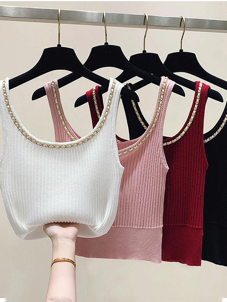 

BETHQUENOY Tops 2023 Fashion Women Clothing Contrast Trim Round Neck Knit Top Femme Sleeveless Casual Summer Crop Tank Top Woman