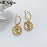 vintage hip hop fashion crystal portrait hoop earrings for women coin drop earrings metal mini diamante girls punk jewelry 1188