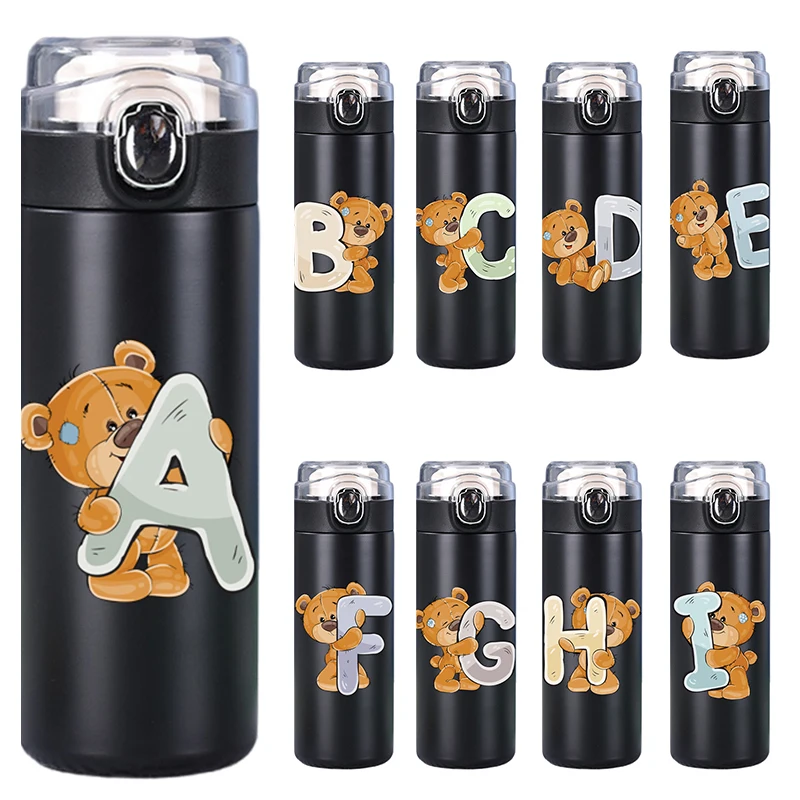 400ml Lovely Letter Printed Thermos Cup Pocket Stainless Steel Thermal Coffee Vacuum Flask Insulated Water Bottle black