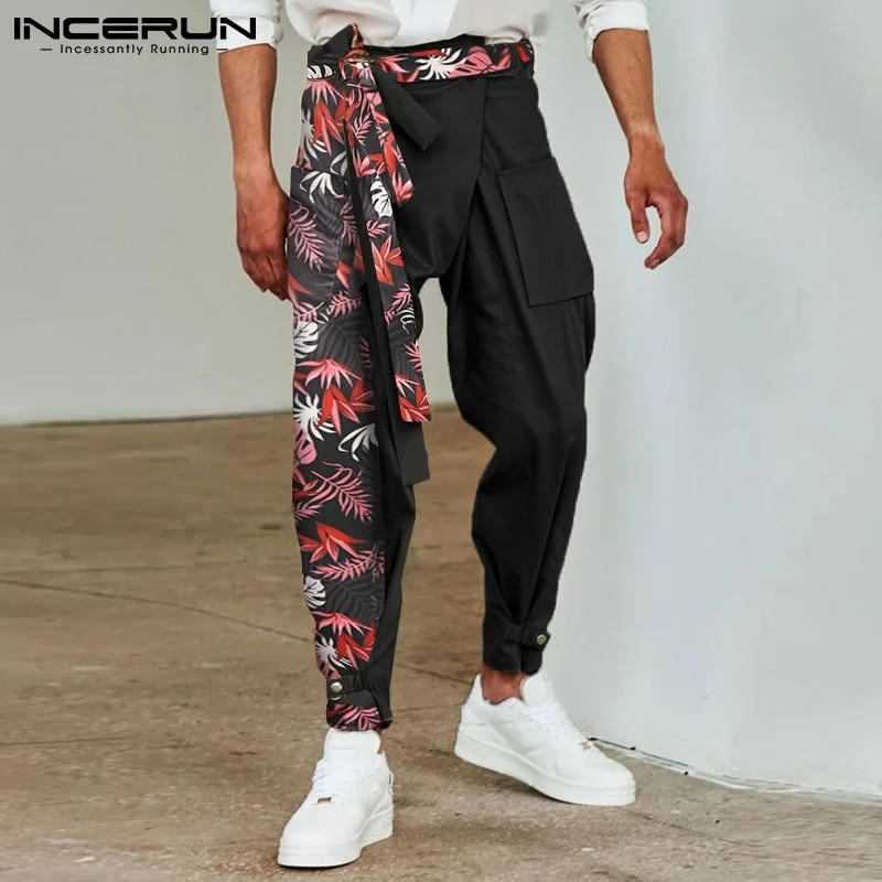 

Men Pants Print Patchwork 2023 Lace Up Joggers Loose Pockets Casual Irregular Trousers Men Streetwear Harem Pants S-5XL INCERUN