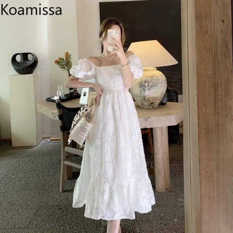 

Koamissa Vintage Women Summer Long Dress Solid Puff Sleeve Off-shoudler Lady Slim A Line Vestidos Female Party Robes Ropa Mujer