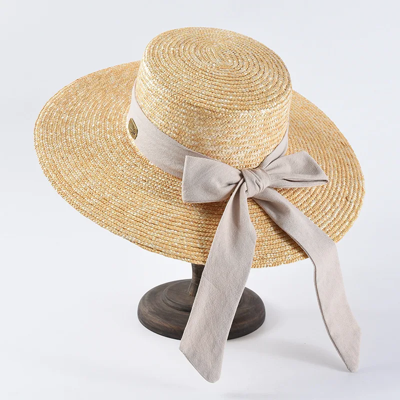 

Summer Sun Hats For Women Fashion Flat Top Straw Hat Korean Bow Big Brim Sunscreen Wheat Grass Hat Travel Vacation Beach Hat Cap