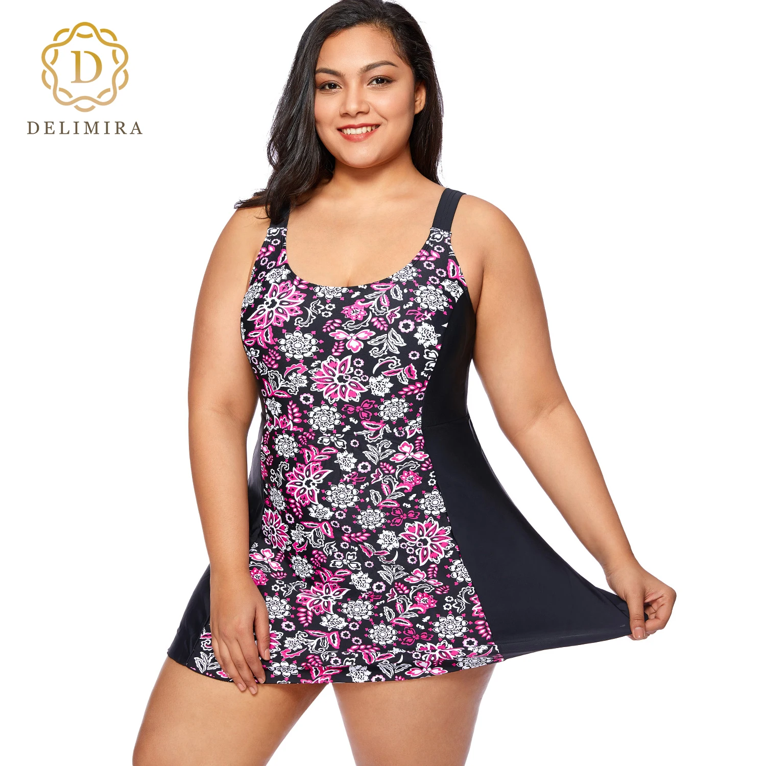 DELIMIRA Women's Modest Swimdress Plus Size One Piece Swimsuit Floral Skirted Swimwear With Light Padded Cup Quick Dry