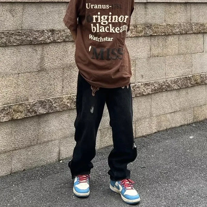 2022 New Fashion Black Streetwear Baggy Men Wide Jeans Pants Y2K Letter Embroidery Ripped Hole Straight Hip Hop Denim Trousers