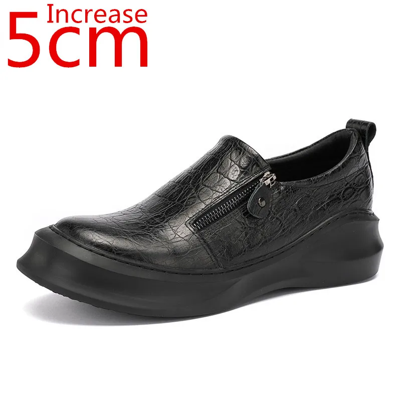 

Increase 5cm Male Shoes Dark Black Retro Crocodile Pattern Cowhide Thick-soled Platform Shoes Leisure Heightening Shoes Elevator