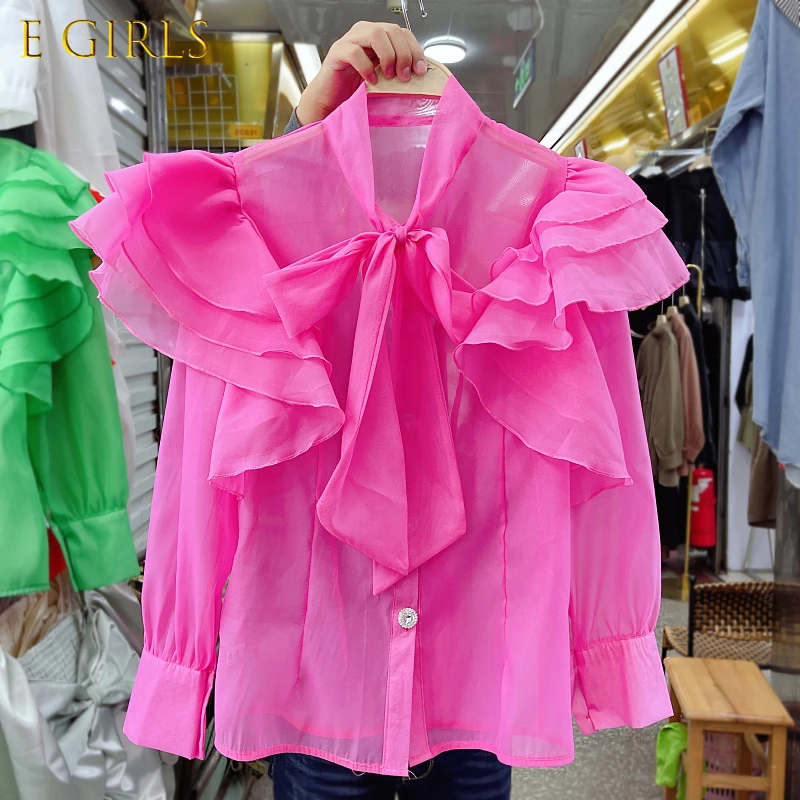 E GIRLS  2022 Spring New Chiffon Blouses Ruffle Patchwork Bow Tie V-neck Woman Shirts Causal Long Sleeve Korean Blusas Top Mujer