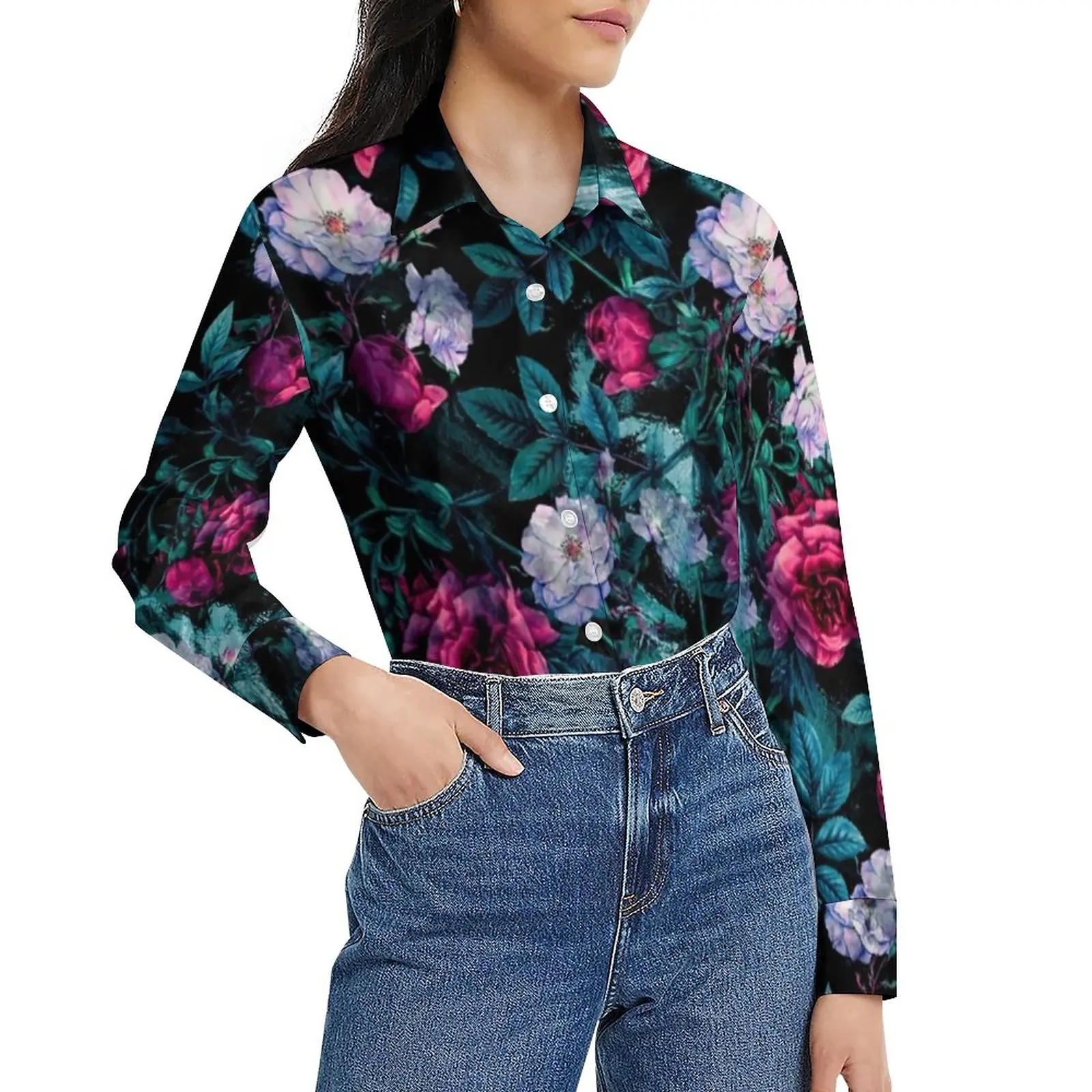 

Roses Print Blouse Floral Abstract Retro Custom Blouses Female Street Wear Shirt Spring Long Sleeve Oversize Clothes