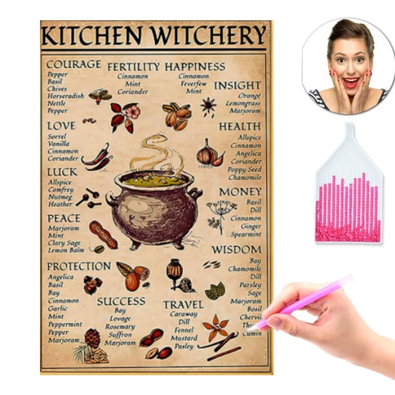 

Witches Magic 5D DIY Diamond Painting Knowledge Kitchen Witchery Funny Full Round Drill Embroidery Cross Stitch Home Decor Gifts