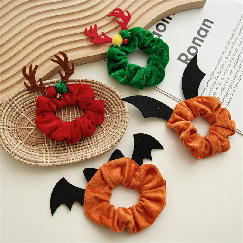 

Cute Cartoon Bat Spider Demon Halloween Hair Scrunchies Flannel Christmas Elastic Hair Band Funny Ponytail Holder Headwear