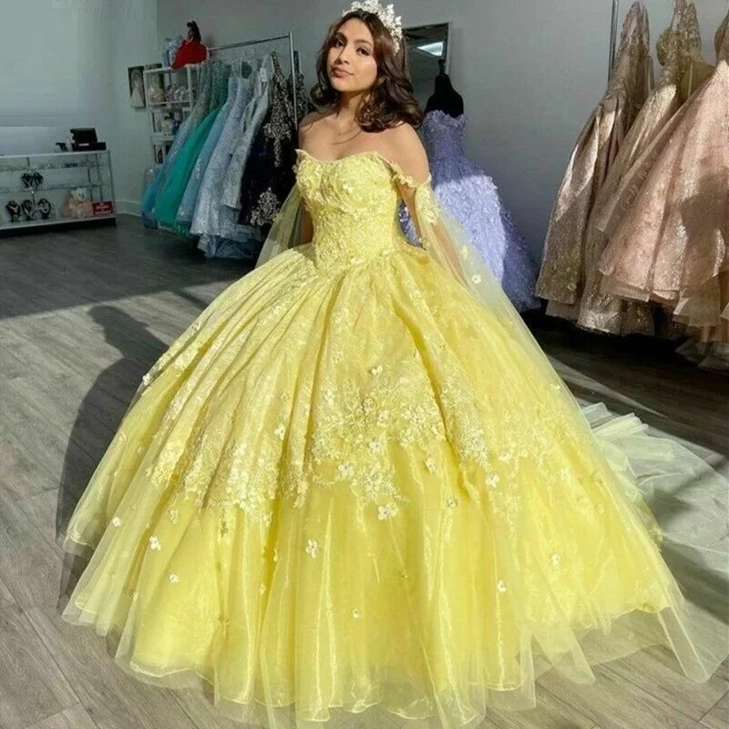 

Yellow Quinceanera Dresses with Wrap Lace Appliques Off the Shoulder Charro Sweet 16 Dress Beading vestidos de 15 años