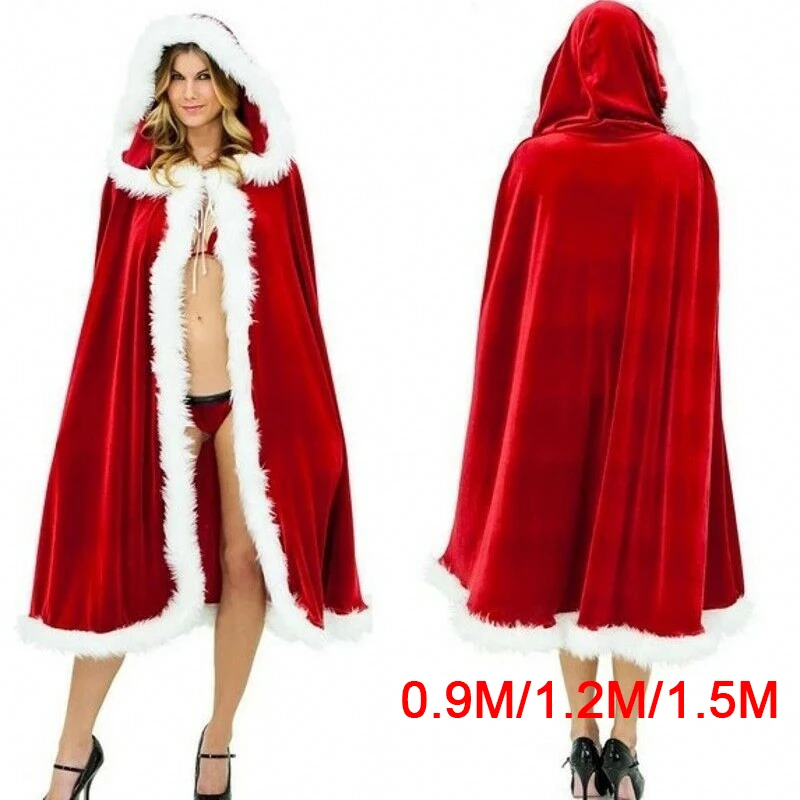 

60-90-120-150cm Red Velvet Hooded Cape Cloak Sexy Santa Cosplay Christmas Costumes Women Carnival Party Clubwear