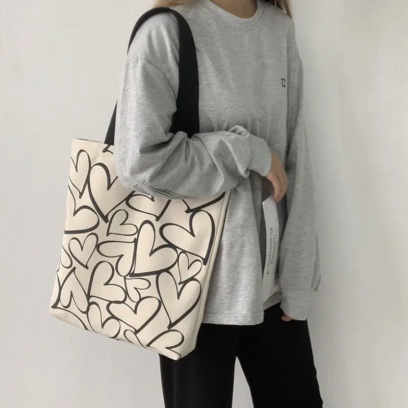 

Tote Heart Shopping Bags For Women Canvas Shoulder Bag Students Cotton Cloth Eco Shopper Bag Sac A Main Handbag Bolsa Feminina