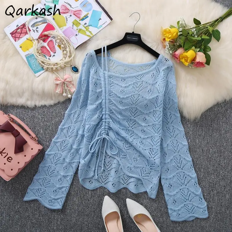 

Hollow Out Sun-proof Pullovers Women Pure 4 Colors Long Sleeve Tender Sweet All-match Cute Drawstring Korean Females Thin Summer