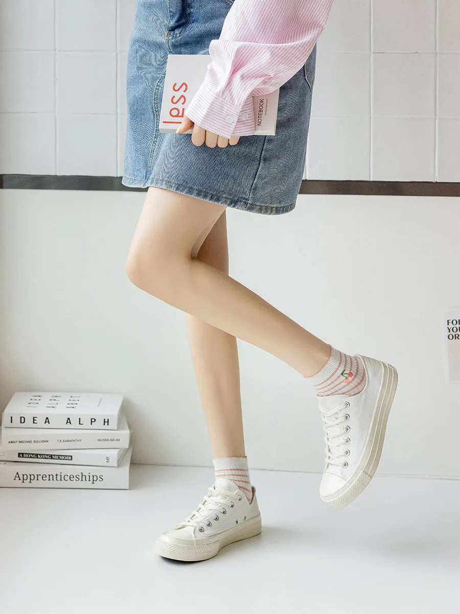 Розовые носки Женские весенне-осенние из чистого хлопка в полоску Тонкие дышащие