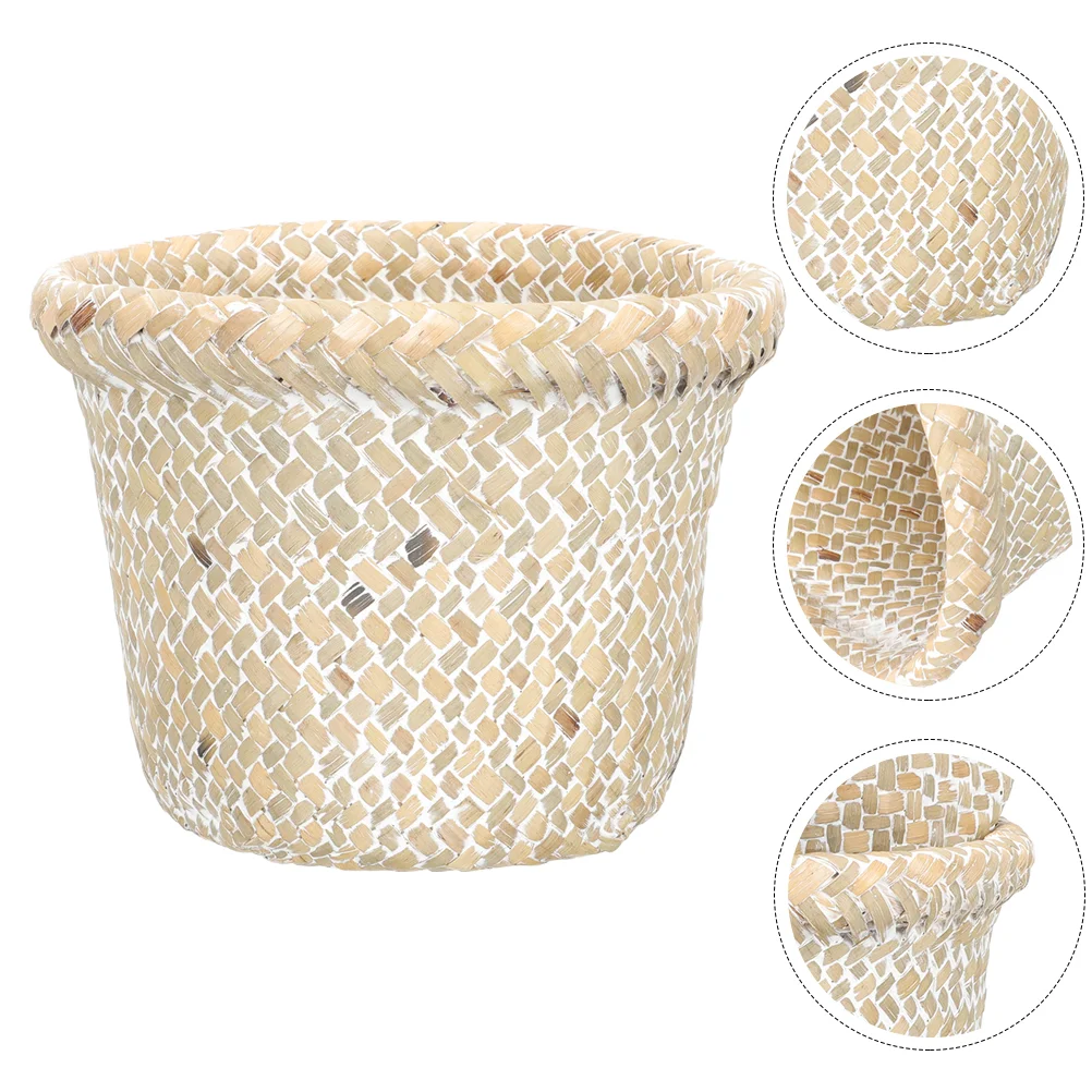 Woven Wicker Basket Table Toy Dumpster Bathroom Trash Can Lid Woven Garbage Bin Woven Trash Can Basket Storage Lid