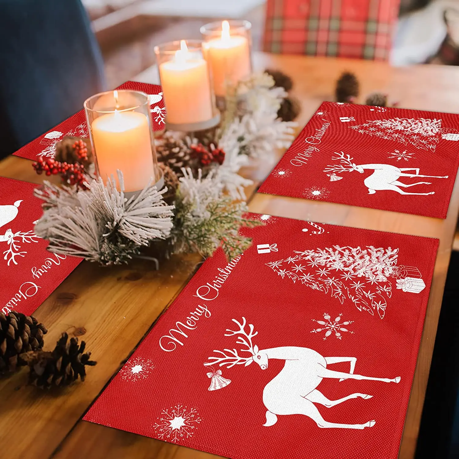 

Christmas Placemats Set of 4 Non Slip Buffalo Check Plaid Place Mats for Dining Table Winter Holiday Linen Table Mats with Xmas