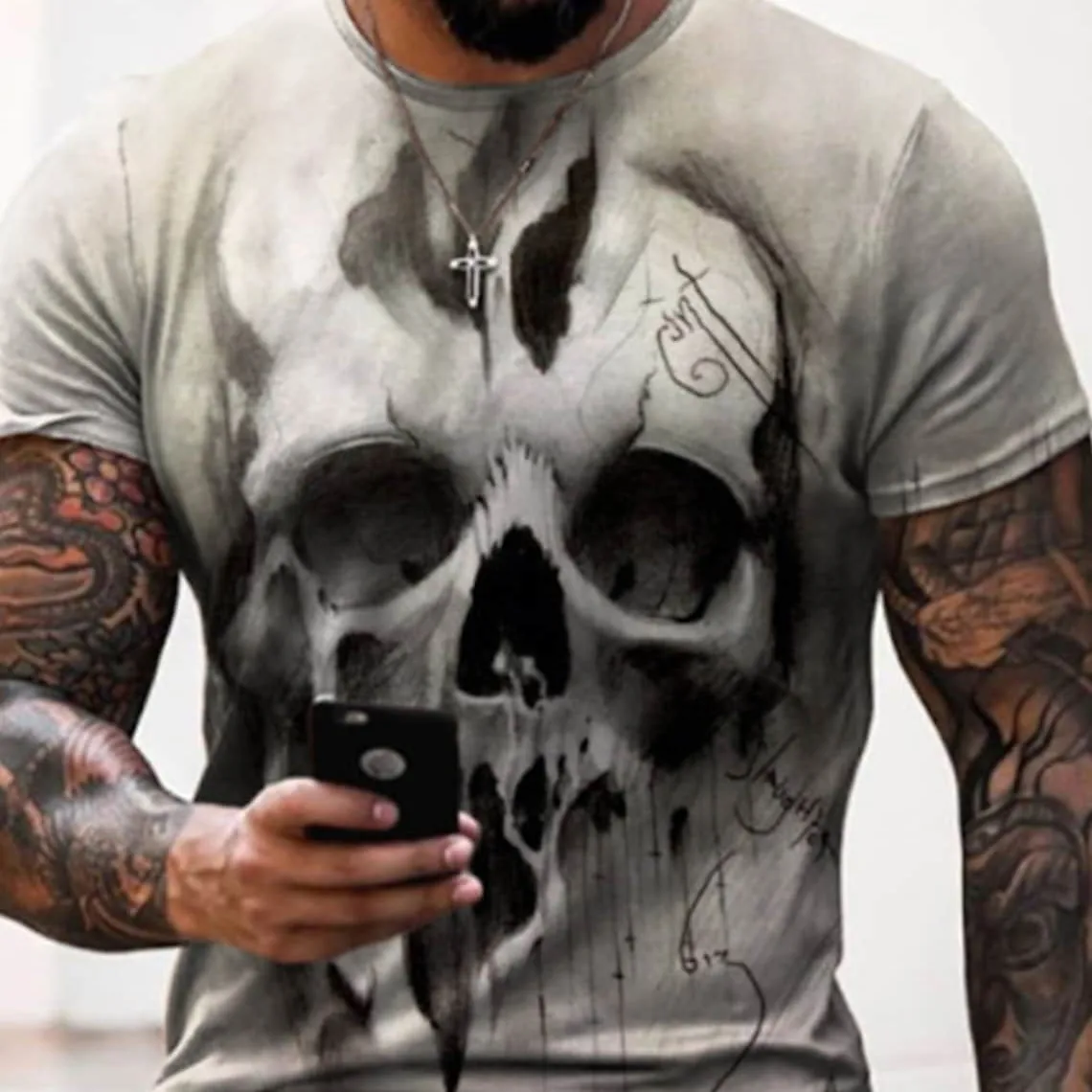 

New 3D full print t-shirt cotton milk silk imitation cotton rack men's high quality loose texture short sleeve skeleton