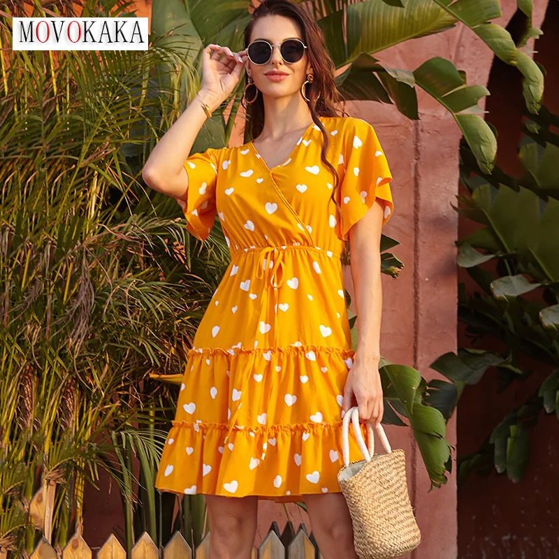 

MOVOKAKA Women Summer Holiday Sexy Mini Dress Beach Casual Yellow Print Ruffles Vestidos Flare Sleeve Slim Vintage Party Dresses