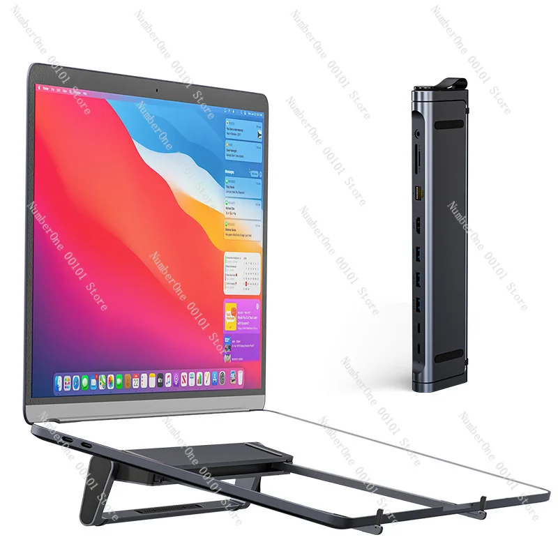 Подставка для ноутбука с док-станцией, складной USB-C хаб, быстрая зарядка PD, Gigabit Ethernet, 4K HDMI, металлическая, регулируемая, портативная, для стола (art.: 3920dc61ebfc9) - 3920dc61ebfc9