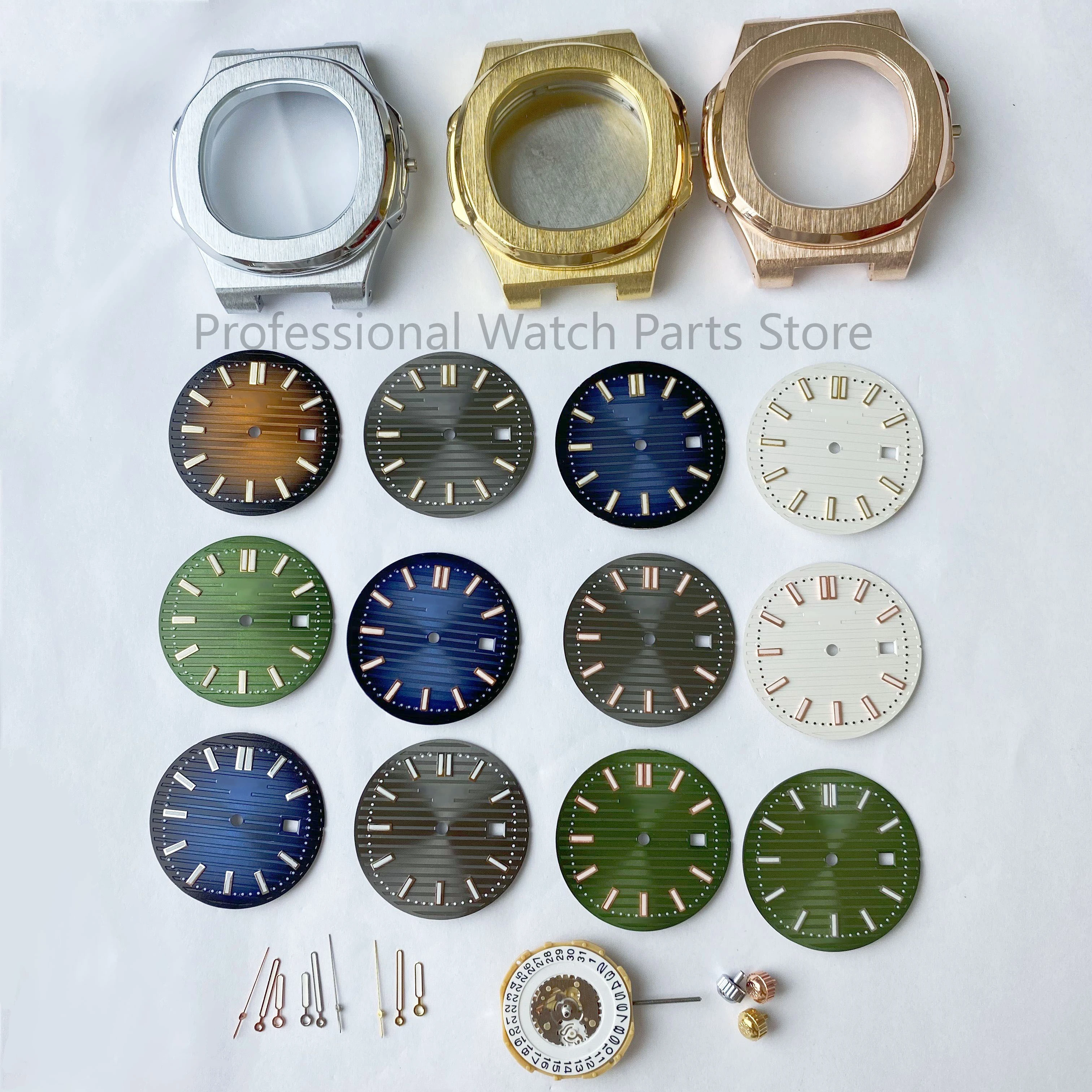 40mm Watch Accessories Set Case+Dial+Hands+Crown+Stainless Steel Strap with Complimentary Quartz Movement Set Calendar Window