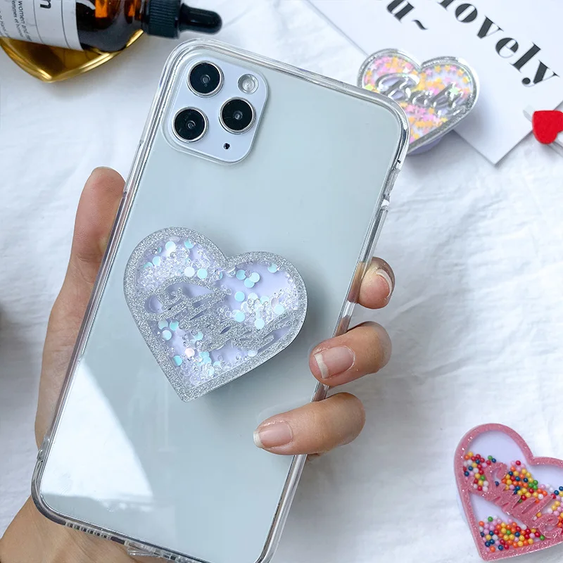 luxury quicksand heart phone accessories expanding stand mount phone socket fold mobile smartphones pocket desktop bracket mount free global shipping